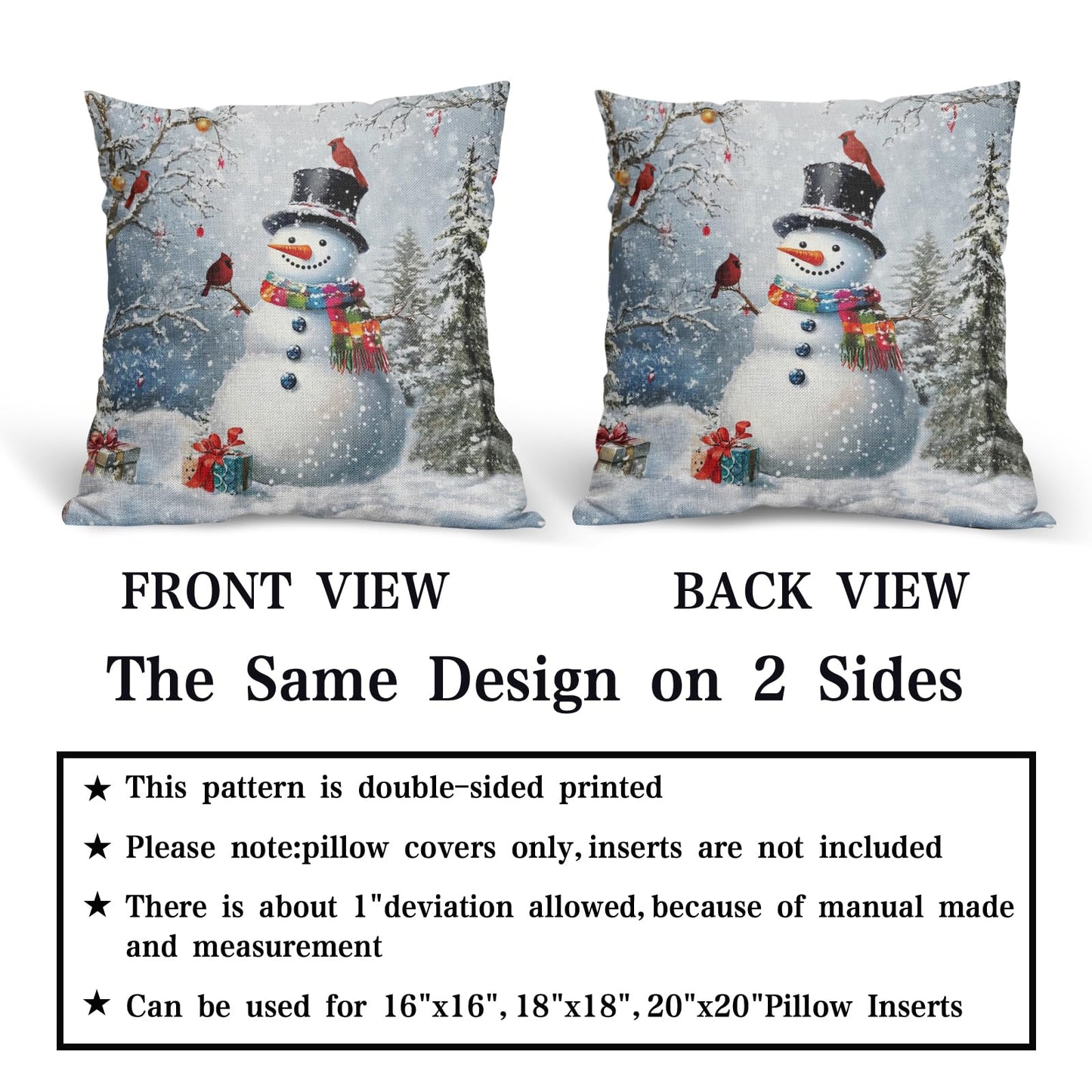 Evlaschin Snowman Pillow Covers Set of 2 Winter Snowflakes Birds Christmas Decorative Throw Couch Pillowcases Cotton Linen Double Sided 20x20 Inches Xmas Trees Holiday Indoor Outdoor Cuchion Covers