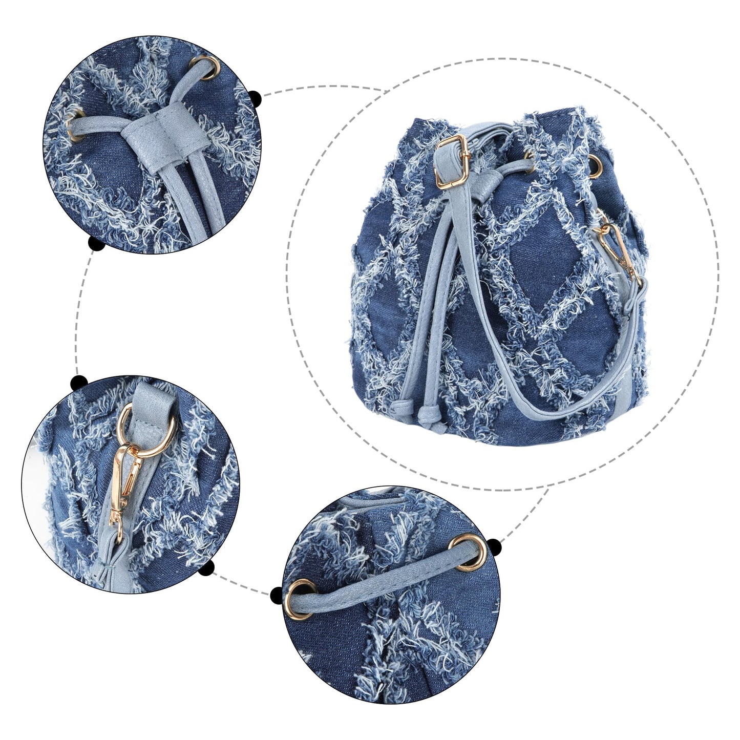 Hyuyikuwol Women Denim Mini Bucket Shoulder Crossbody Bag Drawstring Quilted Distressed Tassel Barrel Shape Satchel Purse, Blue