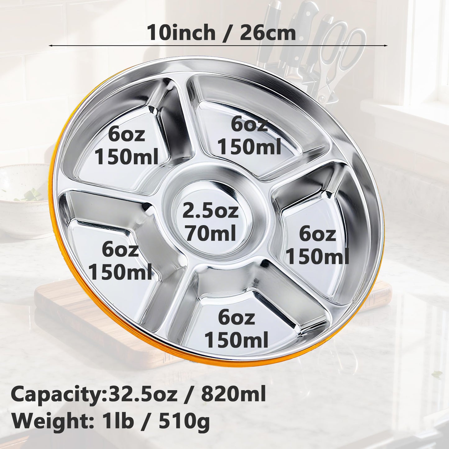 Motith 6-Compartment Stainless Steel Serving Tray with Lid - 10-inch Divided Snack/Vegetable/Fruit Tray for Christmas Parties, Snackle Box & Platter Container