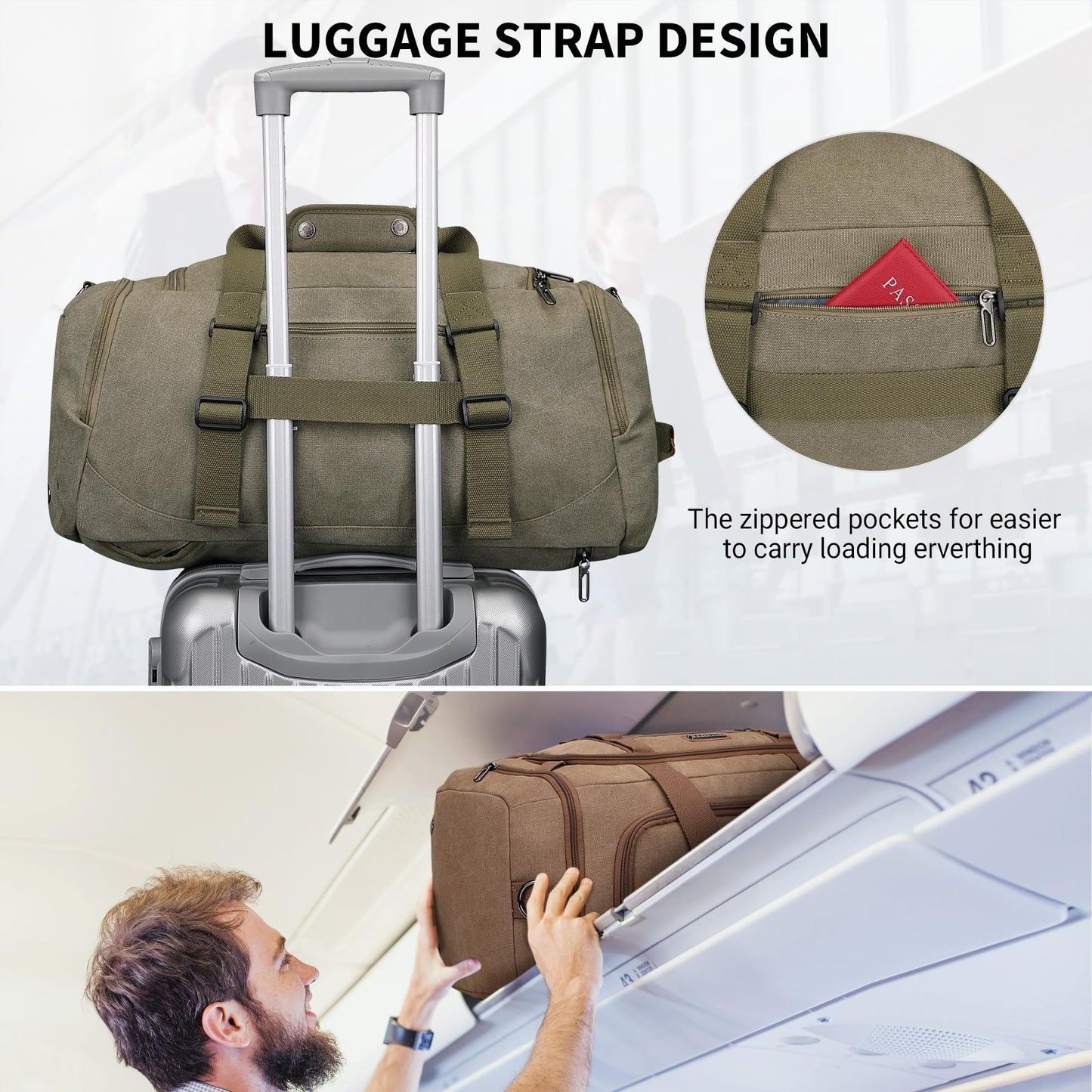 WITZMAN Canvas Duffel Bags for Men Traveling 3 in 1 Backpack Carry-on 40L Weekender Overnight Bag with Shoe Compartment(A8006/2 Army Green)