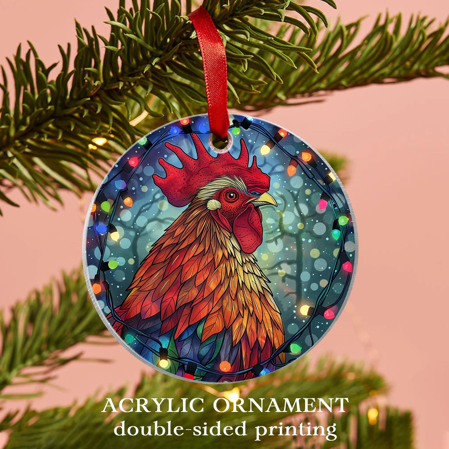 Fastpeace Chicken Rooster Farm Christmas Ornament - Stained Glass Style Christmas Rooster Ornament - Perfect Hanging Decoration - Gift for Farmer, Chicken Lovers, Family, Friends (Chicken Acrylic)