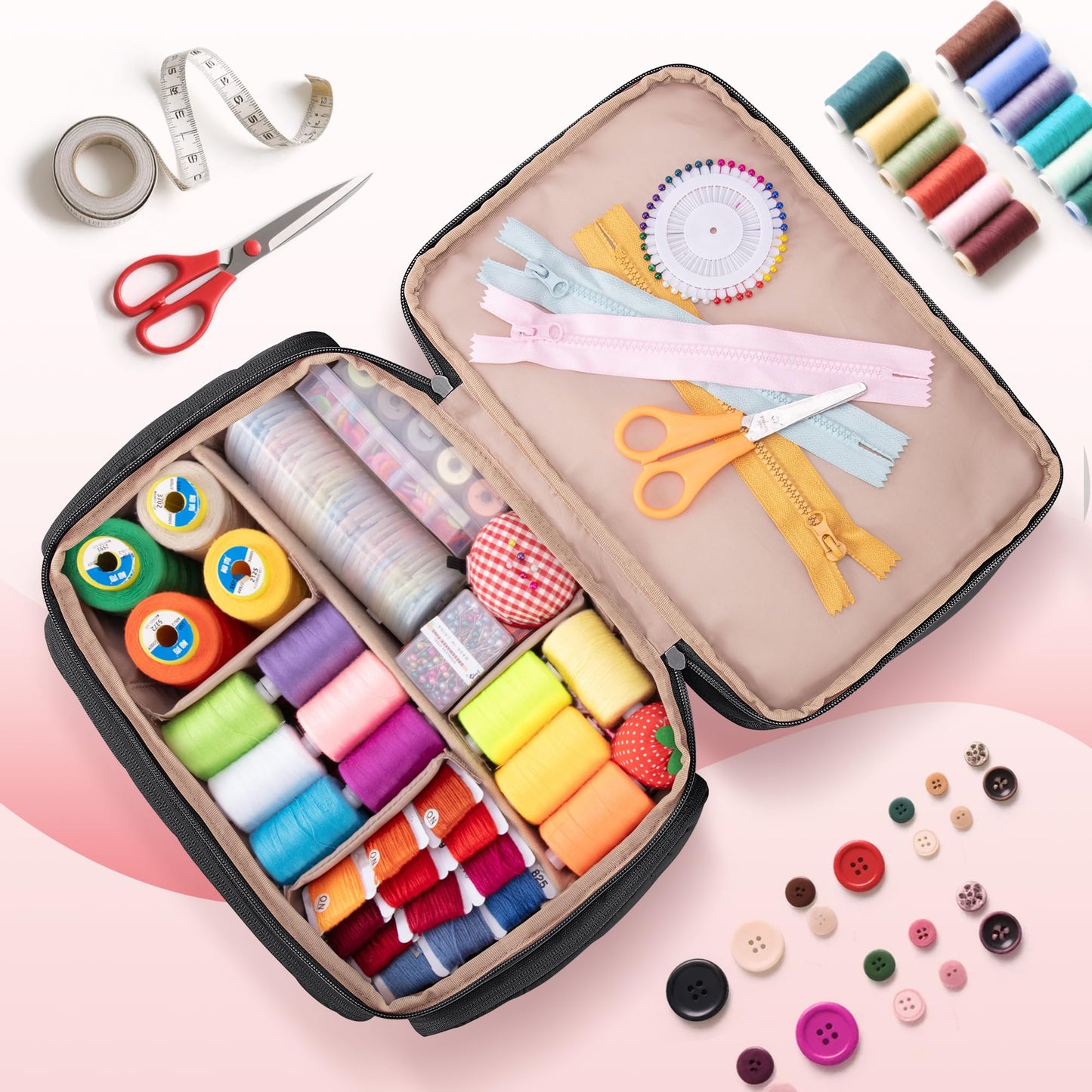 Marscamd Puffer Sewing Organizer Bag, Large Capacity with Multiple Pockets and Detachable Dividers, Storage Box for Threads, Needles, Scissors, Craft Supplies, Black (BAG ONLY, NO SUPPLIES)