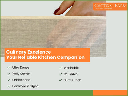 Cotton Farm Grade 100 XL Cheese Cloths - Straining & More; 36x36 Inch; 100% Unbleached Cotton Cheesecloth; Reusable with Hemmed 2 Edges; Ultra-Dense (the finest) Butter Muslin