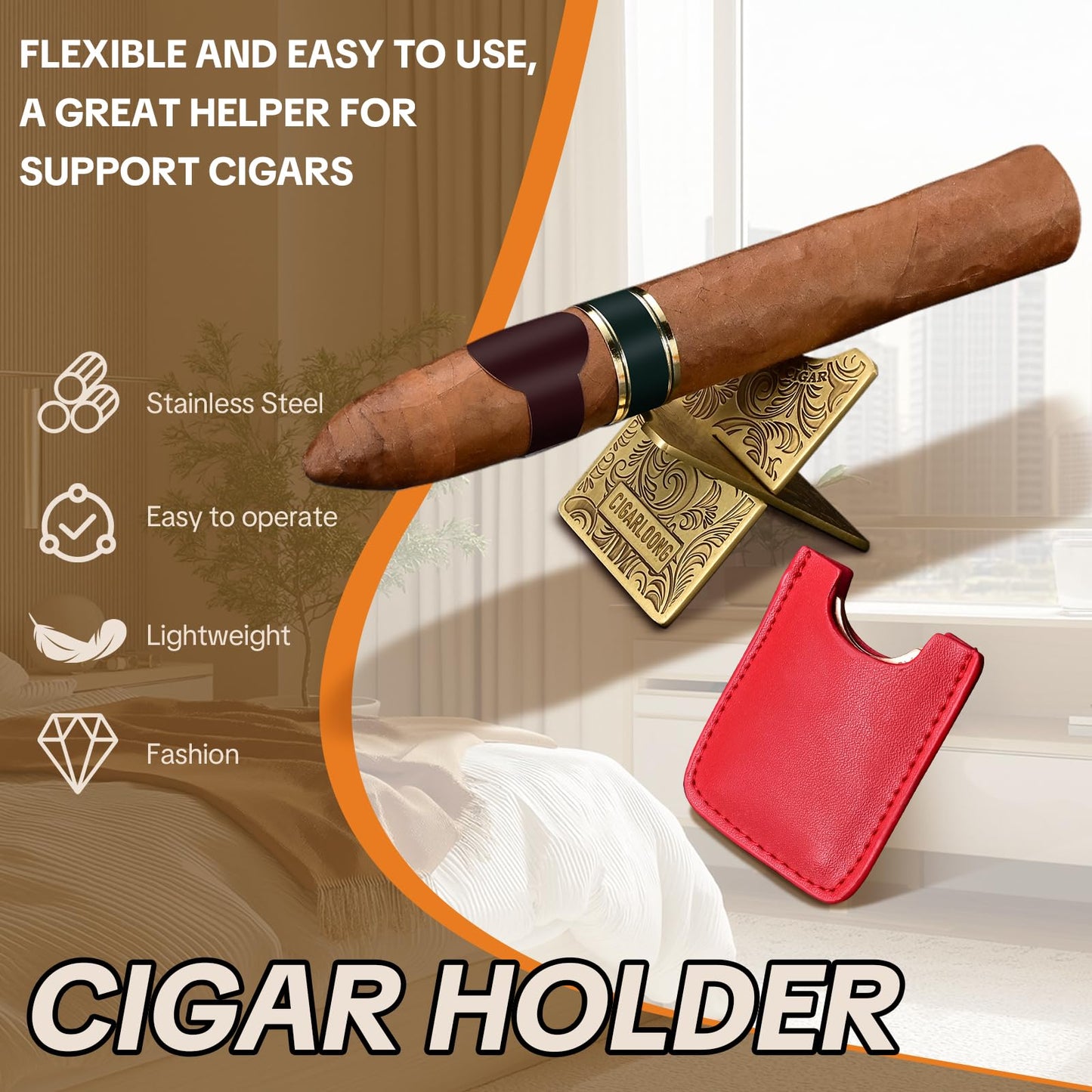 Cigar Stand Rest,Portable Detachable Cigar Stand Holder with PU Leather Case for Travel Outdoor Indoor,Gift for Men (Bright gold)