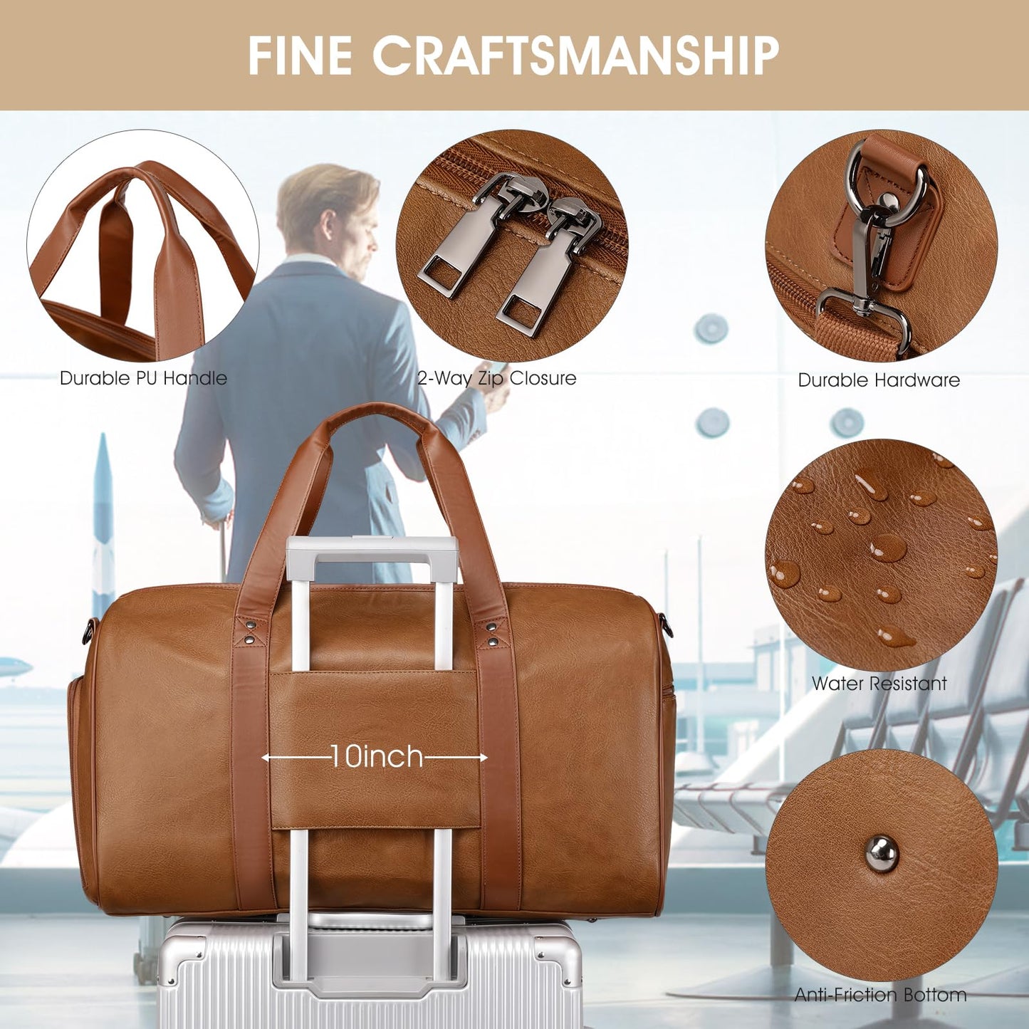 Wogarl 3PCS Faux Leather Weekender Bag for Women Men Large Overnight Bags Travel Duffel with Shoe Compartment Toiletry Packing Cube Carry On Tote Fit 21" Laptop(Light Brown)