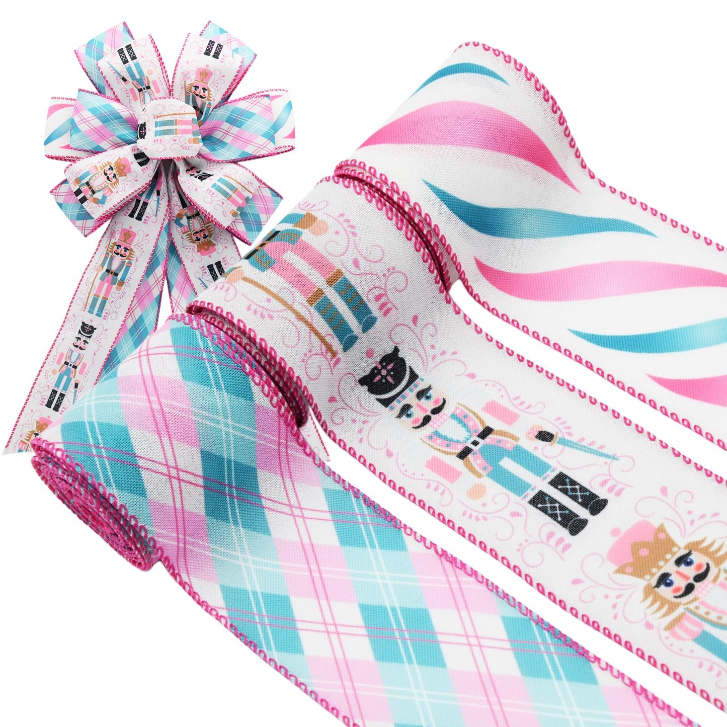 CRAFLOX Pastel Christmas Nutcracker Wired Ribbon for Wreath Bows, 3 Rolls, 2.5″ Wide, 15 Yards Total, Pastel Pink & Blue Check Wired Edge Ribbon for Crafts Supplies, DIY Bows