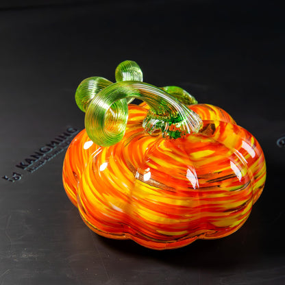kangming Hand-Blown Glass Pumpkin, Rustic Amber Stripe Art Glass Harvest Decor, Autumn Figurine Sculpture for Halloween & Thanksgiving Table Centerpiece (Rustic Amber Stripe)