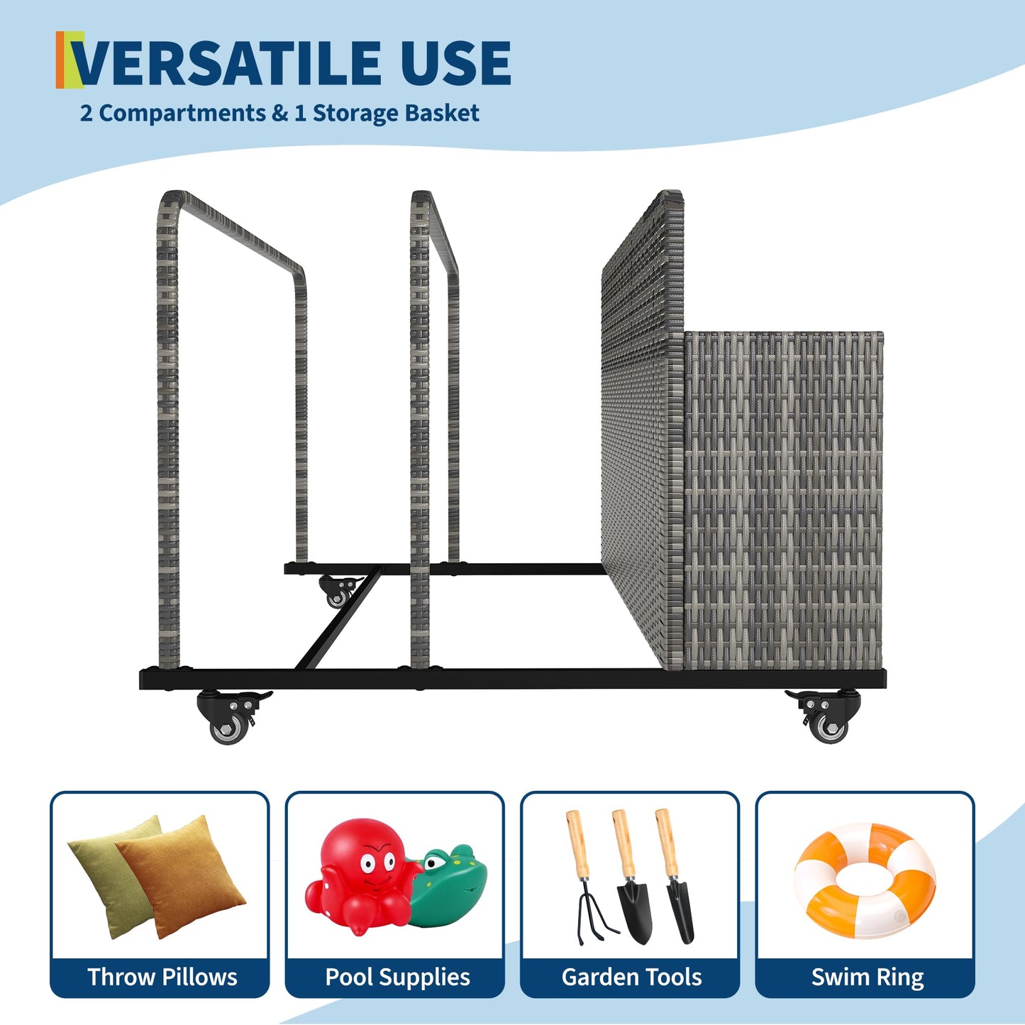 Pool Float Storage Organizer with Rolling Wheels, Outdoor Wicker Rattan Pool Caddy & Toy Storage Basket for Poolside, Patio & Deck, All-Weather PE Rattan Pool Caddy, 2 Open Compartments, Grey