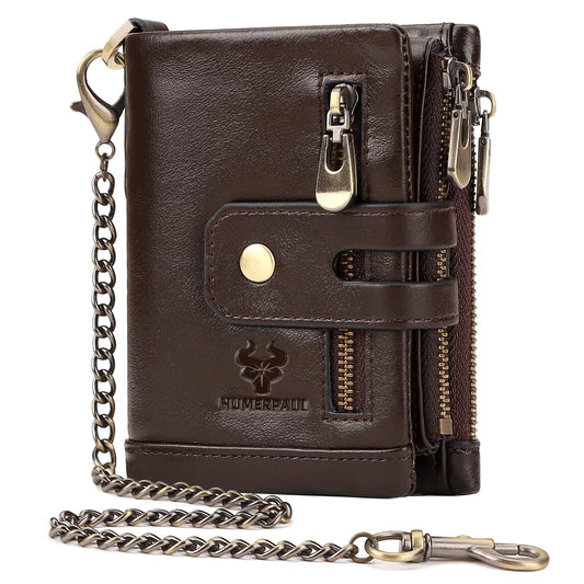 HUMERPAUL Genuine Leather Chain Wallet for Men, RFID Blocking Biker Trifold Credit Card Holder with Zipper Coin Pocket & Money Clip (Coffee)
