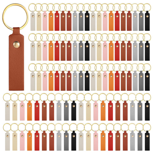 LIQWEI 100 Pcs PU Leather Keychain, Rectangular PU Leather Key Fob Kit, Laser Engraving Key Chain with Keychain Rings for DIY Keychains Craft Birthday Gift Men Women