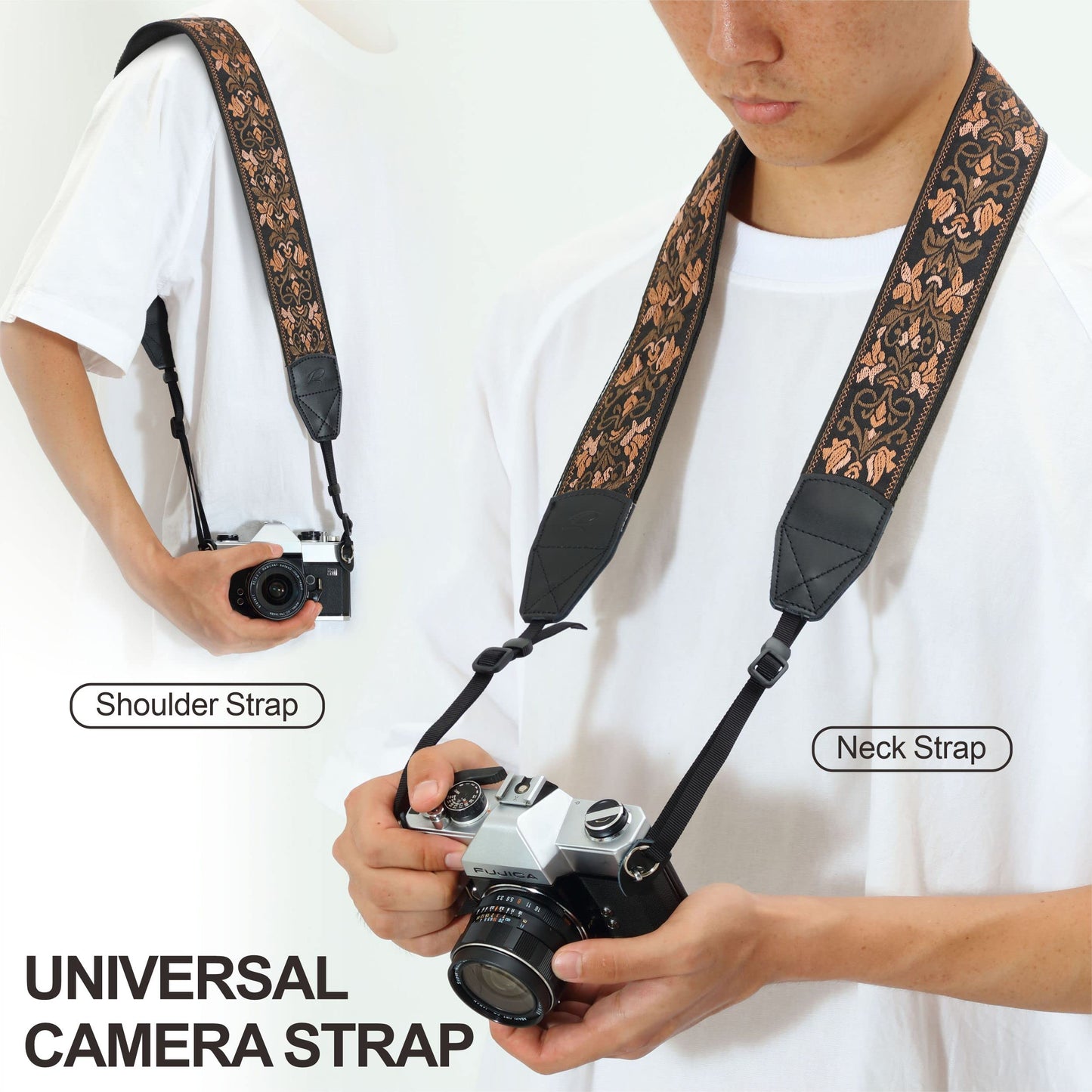 Padwa Lifestyle Camera Strap - 2" Wide Vintage Jacquard Embroidery Flower Camera Straps with Genuine Leather Head,Complimentary 2 Pcs Quick Release Clips for All Cameras and Men & Women Photographers
