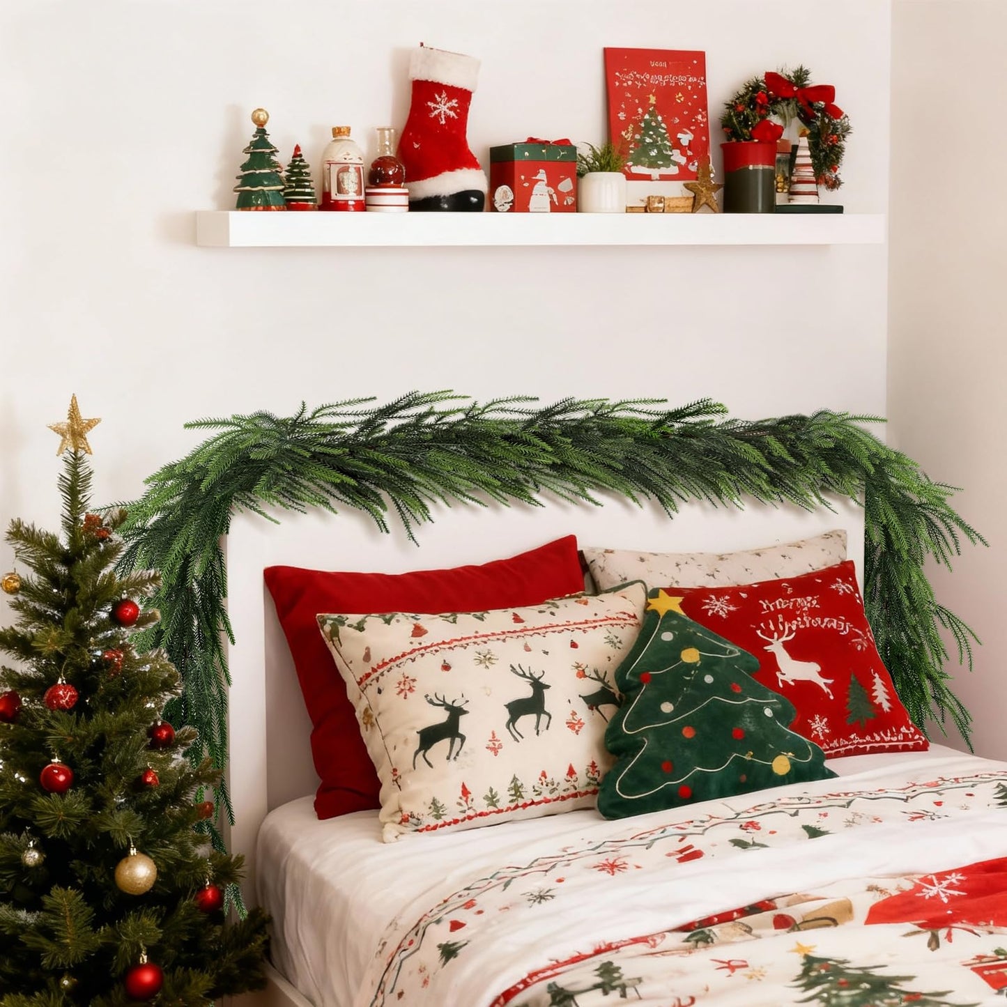 PABREY Artificial Norfolk Pine Garlands, 2 Pcs 6 Ft Real Touch Garlands, Winter Green Greenery Christmas Garlands for Mantle, Table, Wall, Outdoor, Indoor Christmas Decorations (6 FT, 2)