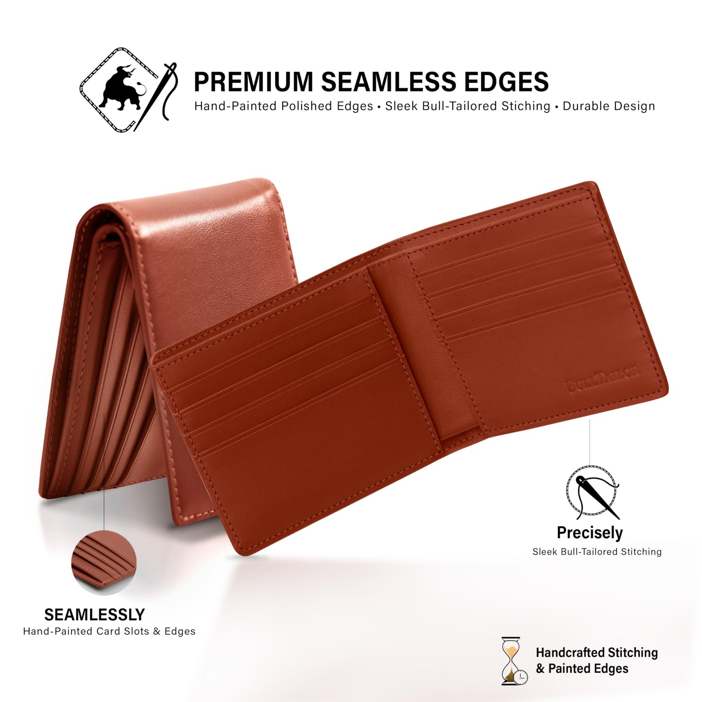 BULLTAILOR Full-Grain Leather Wallet for Men, Minimalist Slim Mens Bifold RFID Blocking Wallet with Cash Pocket, 8 Card Slots (Cognac Brown)