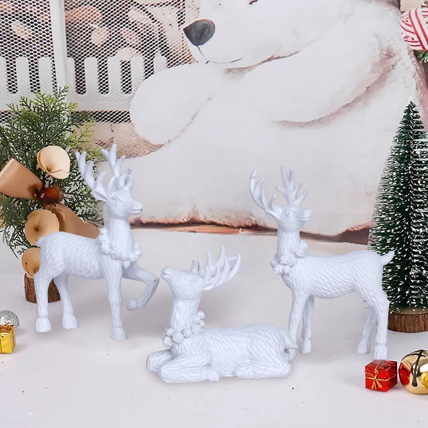White Christmas Reindeer Decor Set of 3 Resin Standing Deer Figurines Elk Sculpture Christmas Figurine Centerpieces for Home Tabletop Shelf Elegant Xmas Deer Statue Artificial Animal Table Decorations