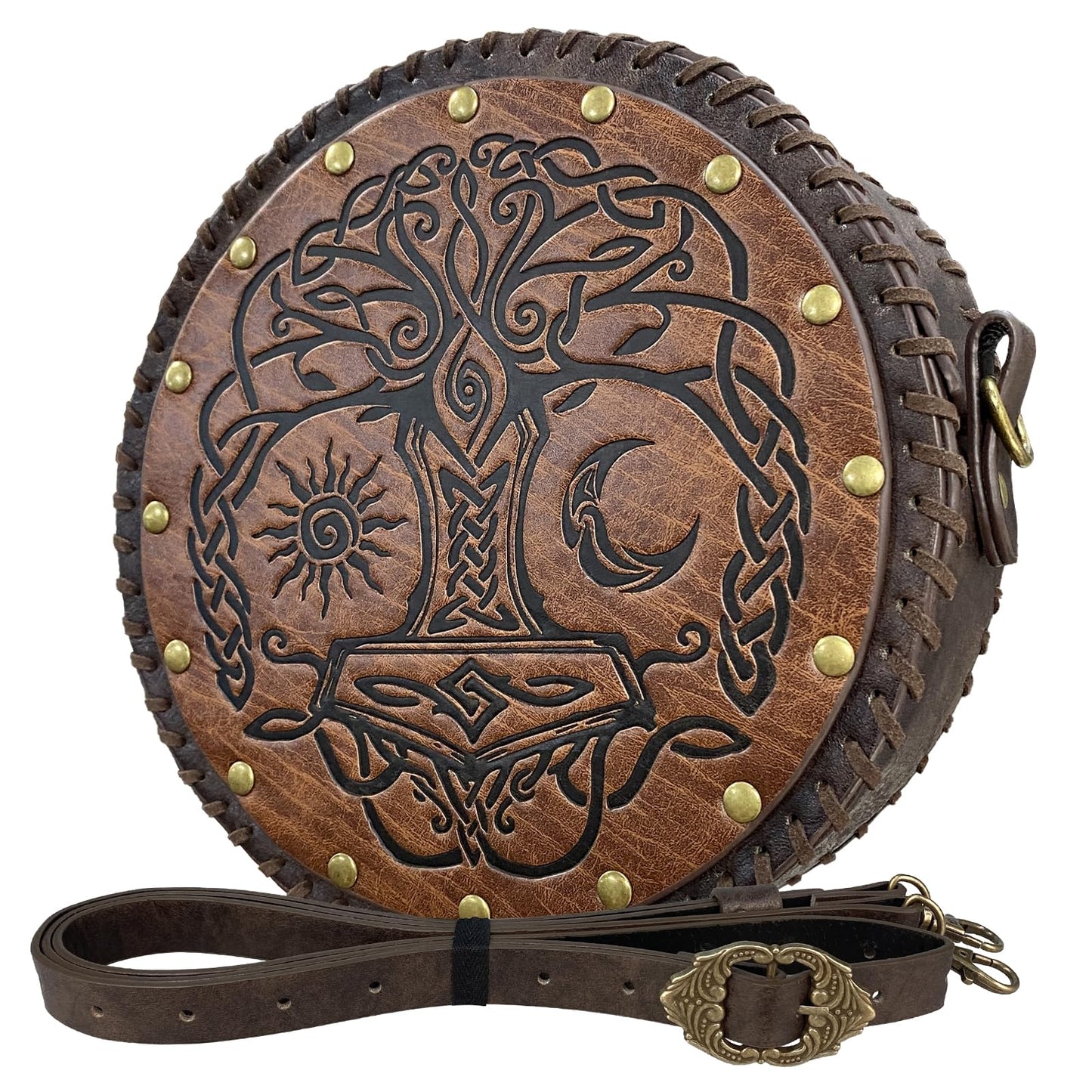 HiiFeuer Viking Embossed Crossbody Bag, Nordic Faux Leather Belt Bag Satchel Bag, Medieval Portable Cosplay Shoulder Bag (Brown B)