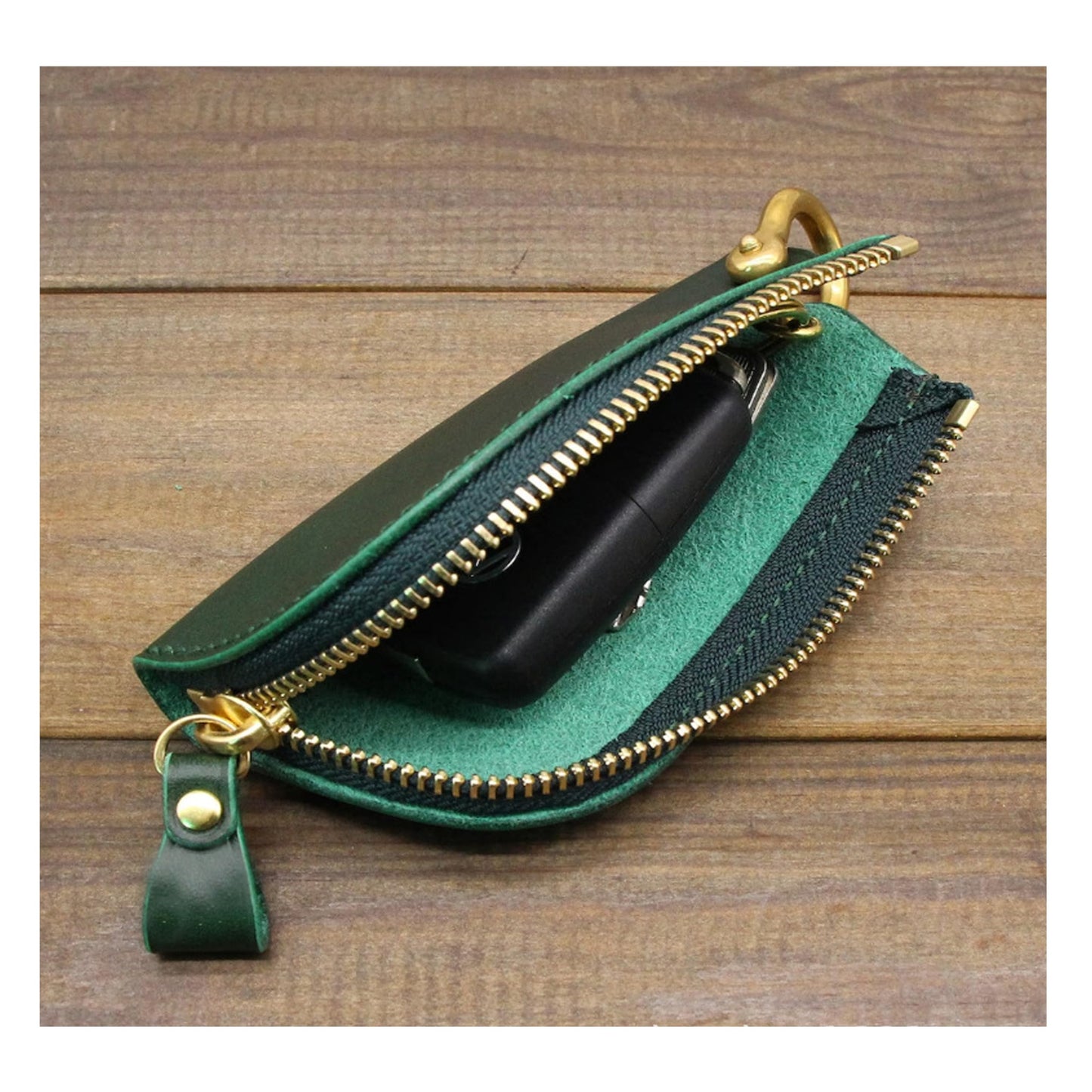 Zip-Around Key Pouch, Zippered Key Holder with Hanging Ring, Car Key Fob Protector, PU Key Fob Case (Green)