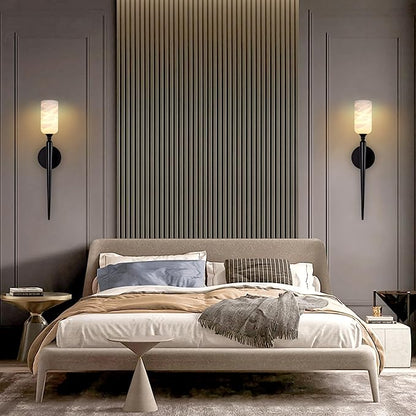 Alabaster Wall Sconce, 22in Modern Spanish Natural Marble Bathroom Vanity Sconces, Unique Indoor Black Wall Lighting Fixtures Decor for Bedroom Living Room Staircases