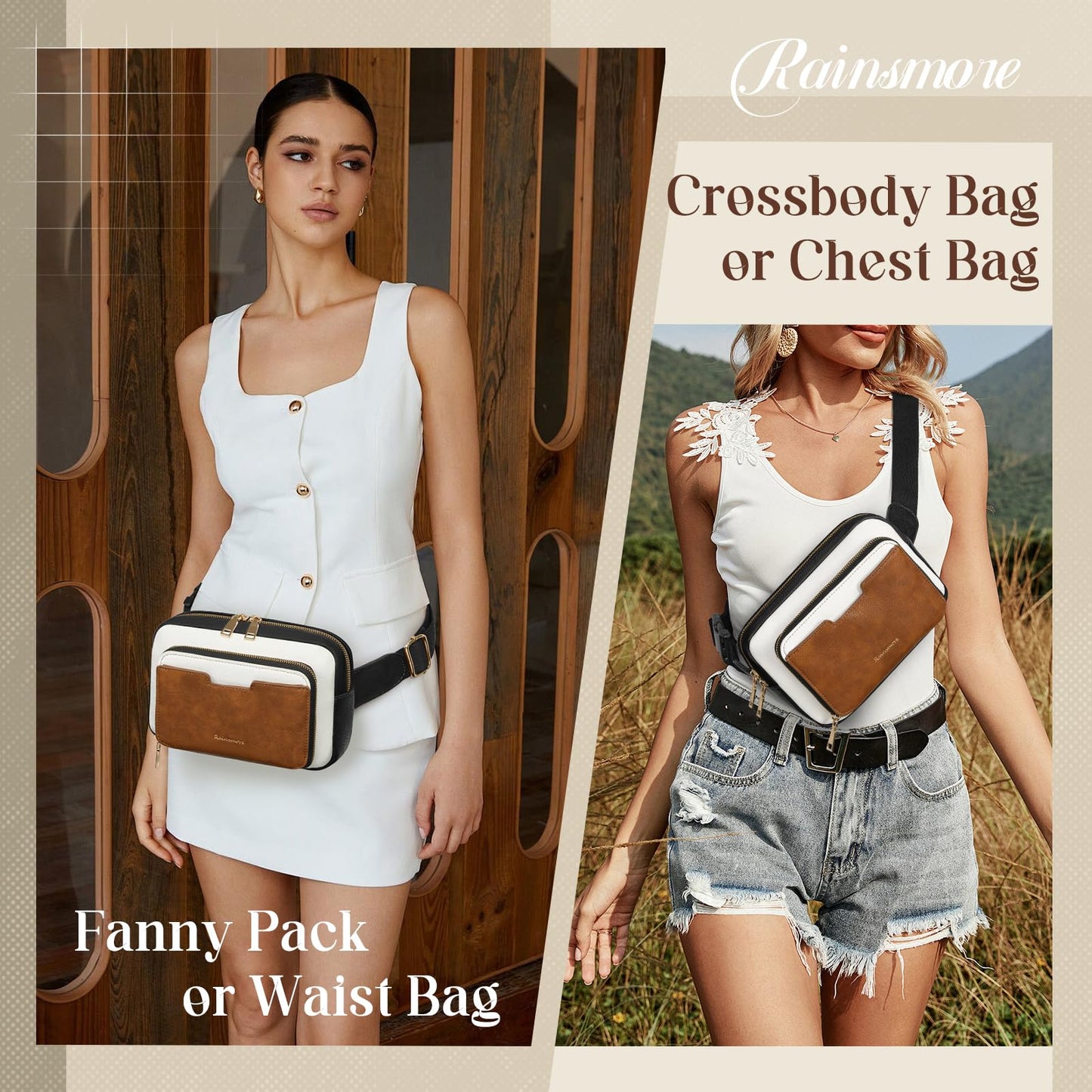 RAINSMORE Fanny Packs for Women, Leather Belt Bag Waterproof Everywhere Crossbody Waist Pack with Adjustable Strap Retro Sling Chest Bag for Work Running Travel Party, Black and Brown with White