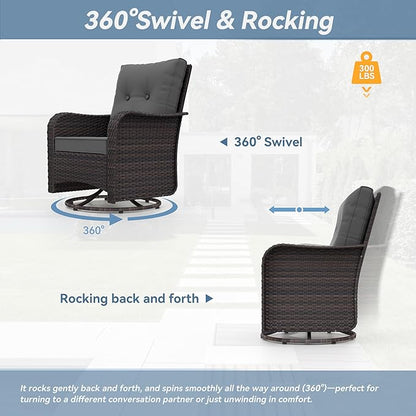 Kurapika 5 Pieces Patio Furniture Set, Rattan Wicker Outdoor Conversation Sets, 4 Woven Rattan Swivel Chairs w/48in Propane Fire Pit Table and Thickened Cushions, Grey