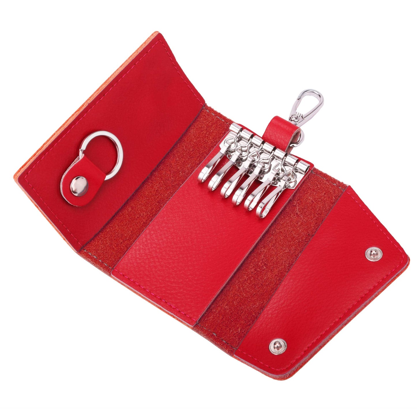 BAKUN Compact Leather Car Key Case, Key Holder Key Organizer Wallet, With 6 Hooks(Red)