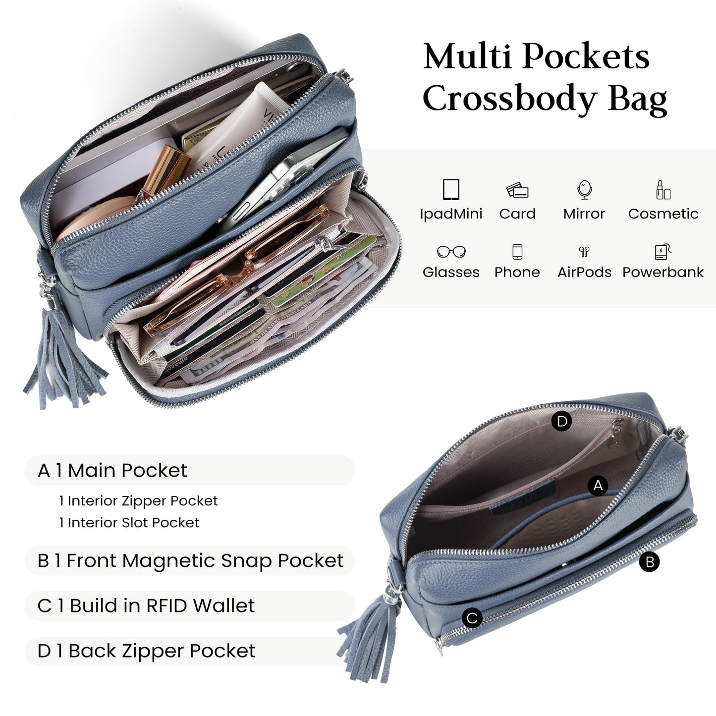 befen Soft Real Leather Small Crossbody Purses for Women, Ladies Anti-Theft Shoulder Bag Handbag Purse with Adjustable Strap & Built in RFID Wallet Light Blue