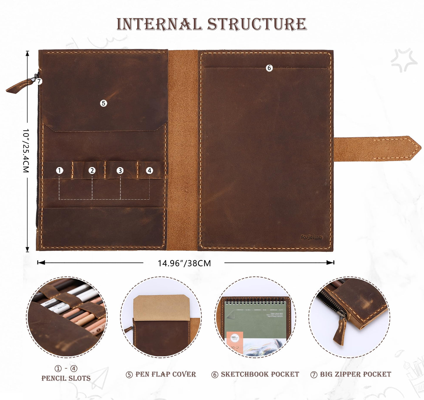 Fasjosma Leather Sketchbook Cover for A5/5.5"x8.5" Top Spiral Bound Sketch Pads - Handmade Genuine Leather Artist Case with Pencil Holder & Zipper Pocket, Professional Drawing Supplies