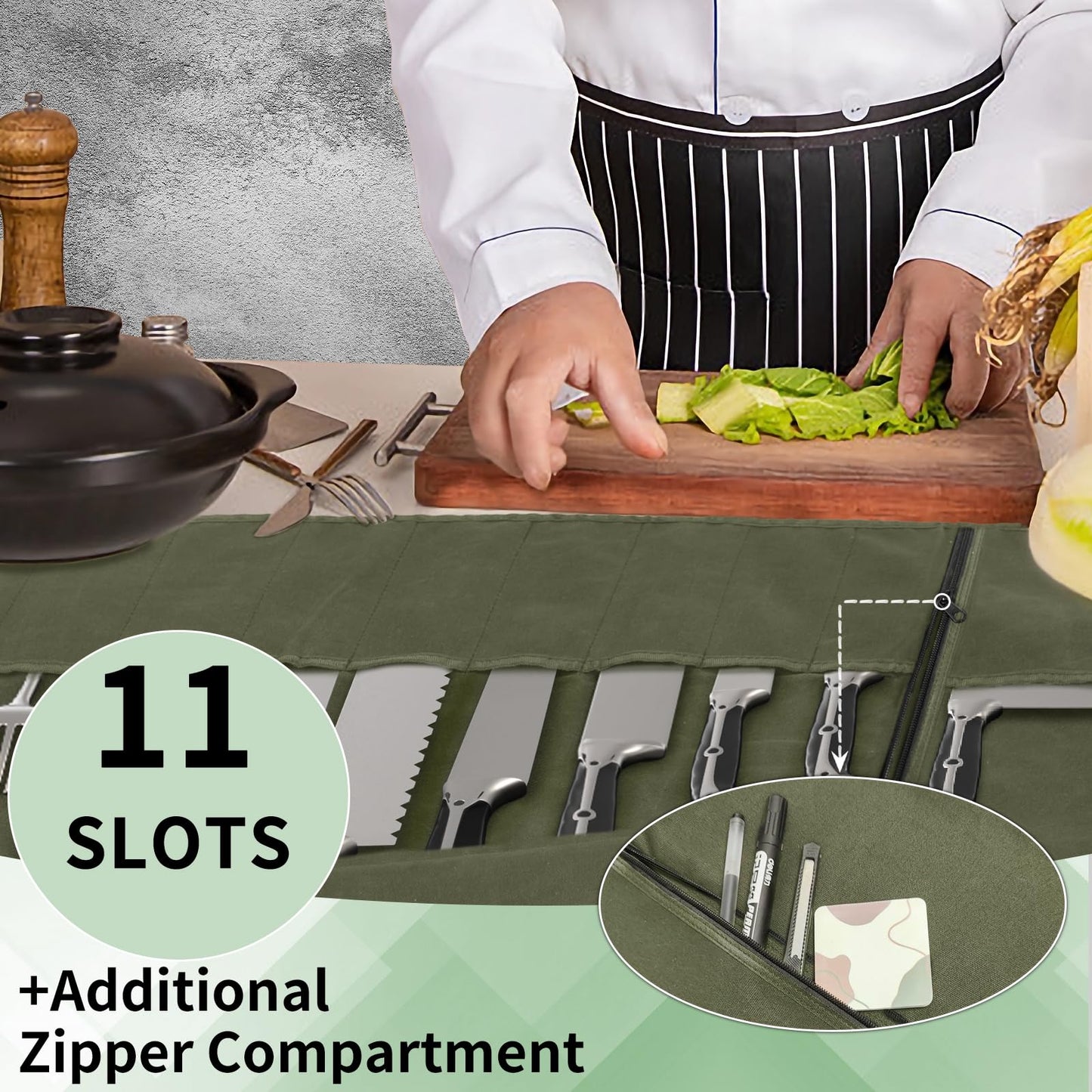 lelezone Chef Knife Roll Bag,Waterproof Waxed Canvas Knife Case Holds,Knives Roll Bags for Chefs Professional with Adjustable Strap,Chef Backpack with 11 Knife Slots and a Large Zippered Pocket