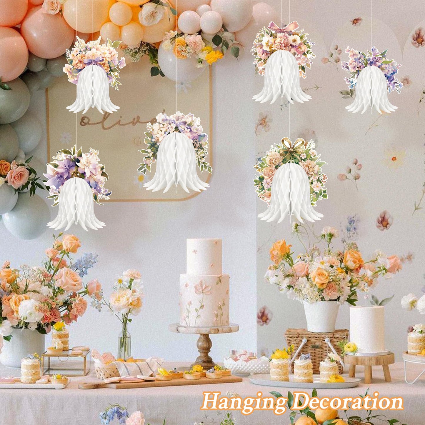 6PCS Paper Wedding Bells, Large Hanging Bells Honeycomb Decorations Flower Ornaments for Wedding Bridal Shower Birthday Baby Shower Christmas New Year Party