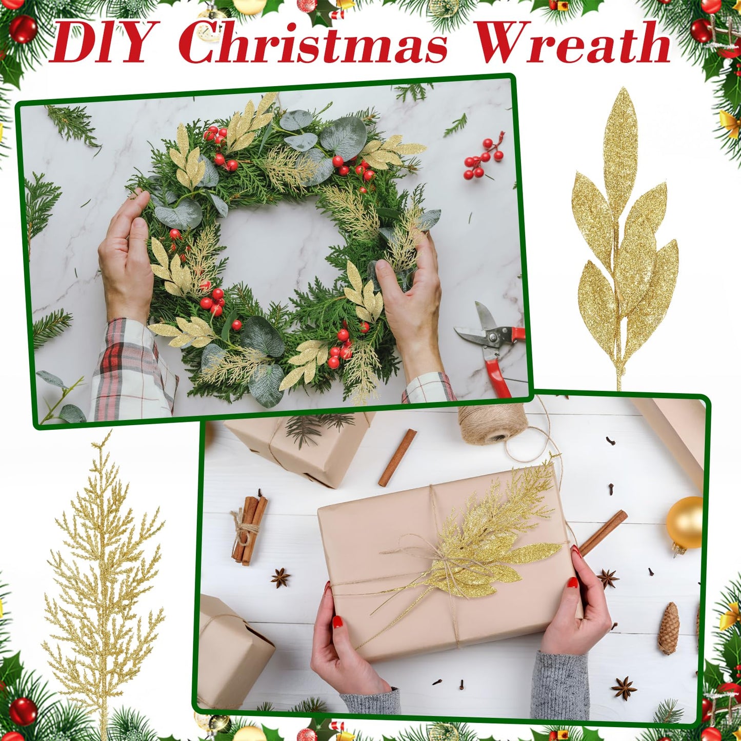 Hoteam 30pcs Gold Christmas Picks Glitter Bay Leaf Ornaments Velvet Gold Glittered Cedar Picks Faux Winter Floral Stems for Xmas Tree Wreaths Centerpieces Holiday Seasonal Wedding Decoration