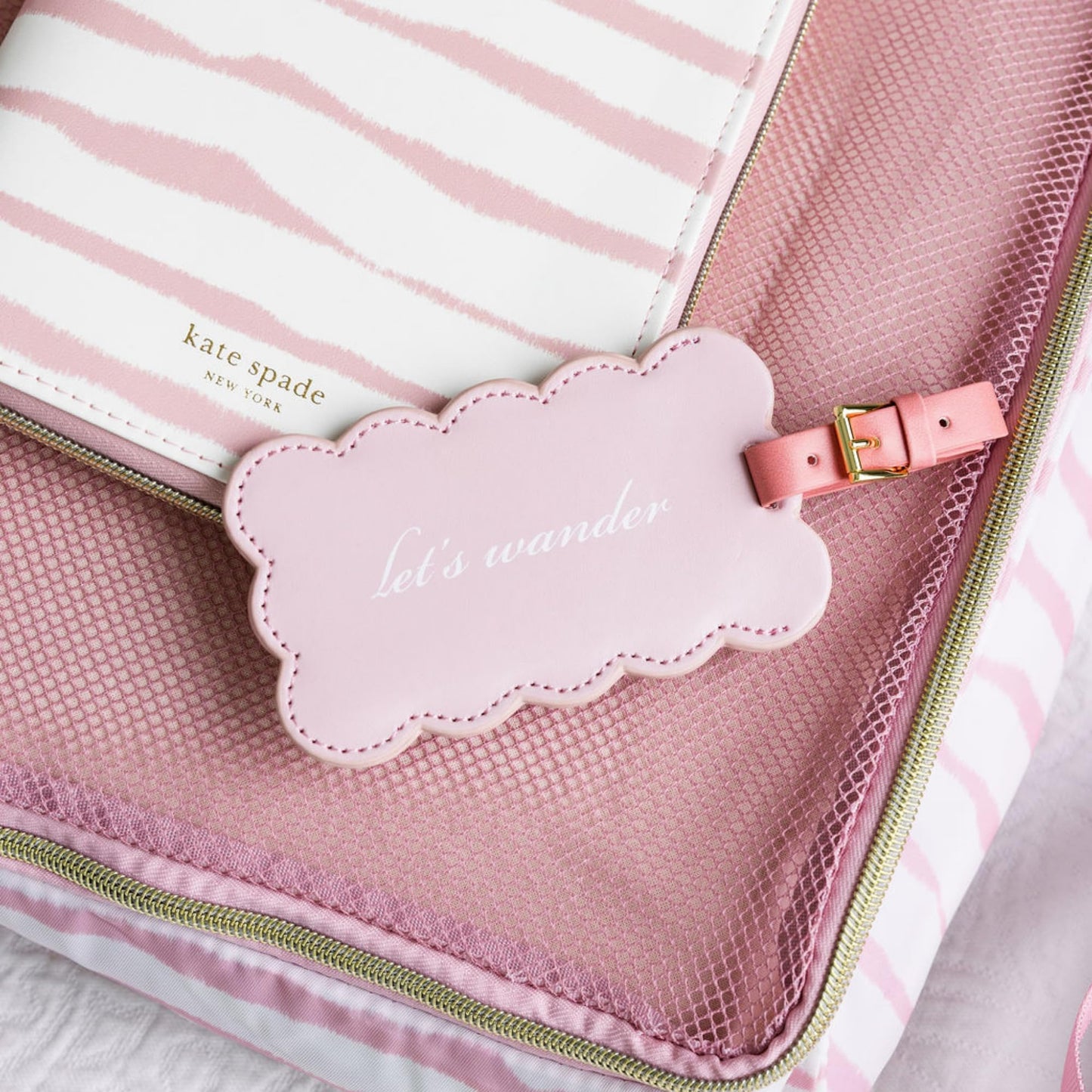 Kate Spade New York Cute Pink Luggage Tag for Women, Durable Vegan Leather Suitcase Tag, Unique Luggage Identifier with Scallop Edge, Let's Wander