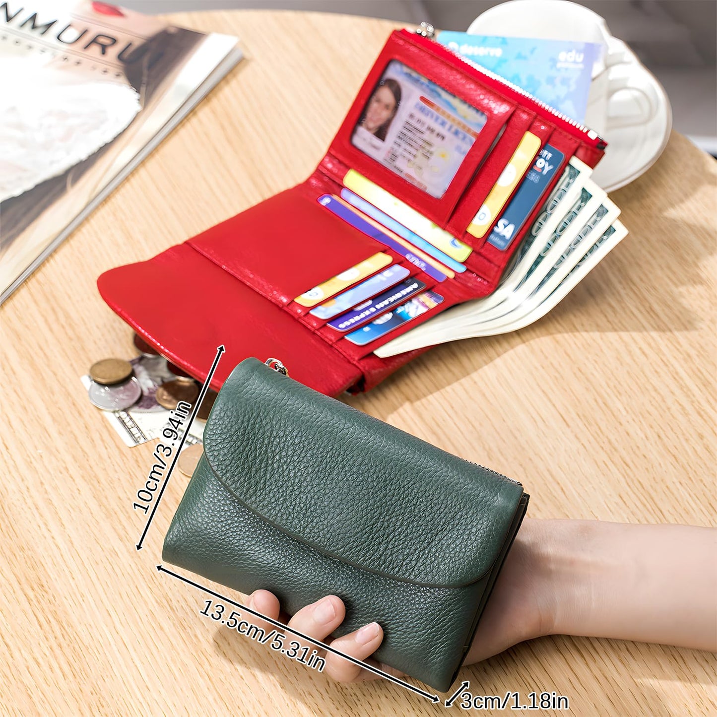 Unisex Pebble Leather Wallet, 5.3In Short Genuine Leather Coin Card Holder, Two zippered pockets, Unisex Clutch Bags, Can Hold Coins, Cards, Id Cards (Gold)