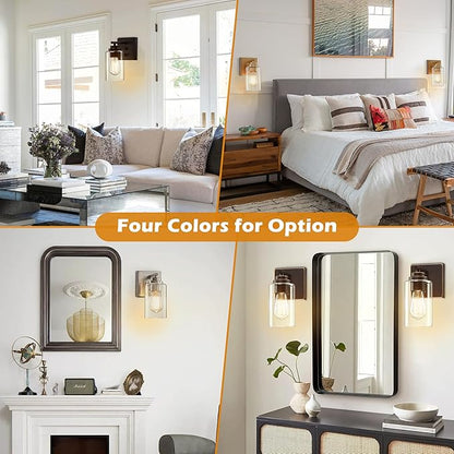Pia Ricco Wall Sconces Set of 2, Bedside Wall Lamps with Rotary Switch for Bedroom, Modern Bathroom Light Fixtures with Clear Glass Shade, Gold Sconces Wall Lights for Living Room, Hallway, Kitchen