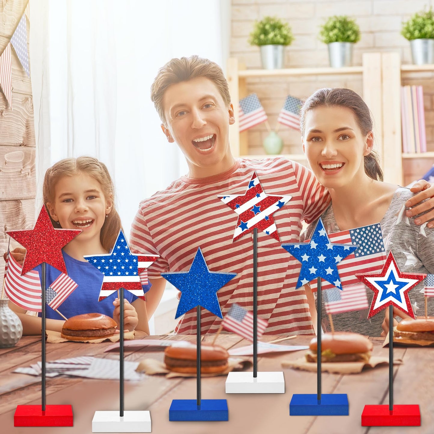 6Pcs Patriotic Memorial Day Tiered Tray Decor 250th Anniversary Wooden Star Set Memorial Red White and Blue Table Centerpiece Sign Decoration for Veterans Labor 4th of July Home Office Patriotic Party
