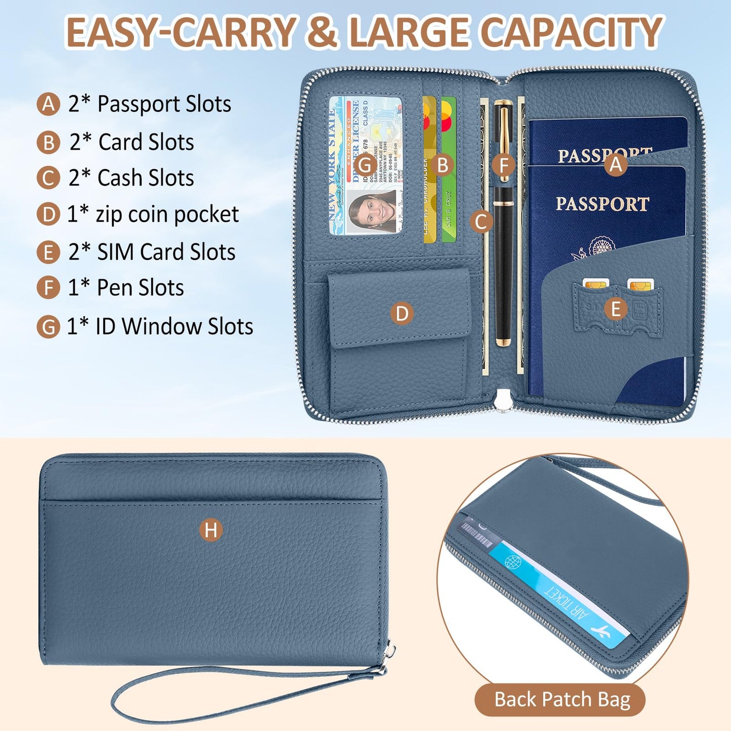 NEWIROVE Passport Holder For Travel, Leather Passport Holder RFID Passport Wallet With Zipper Coin Pocket And Wristlet Strap Women And Men Passport Case For Credit Card, ID, Cash.Blue