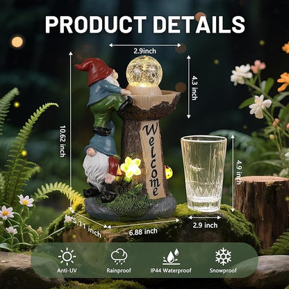 Solar Gnome Statue with Glowing Globe Light,Weatherproof Resin Garden Figurine Decor Auto On/Off - for Patio,Yard & Housewarming (Reminder: IT is NOT A Real Fountain)