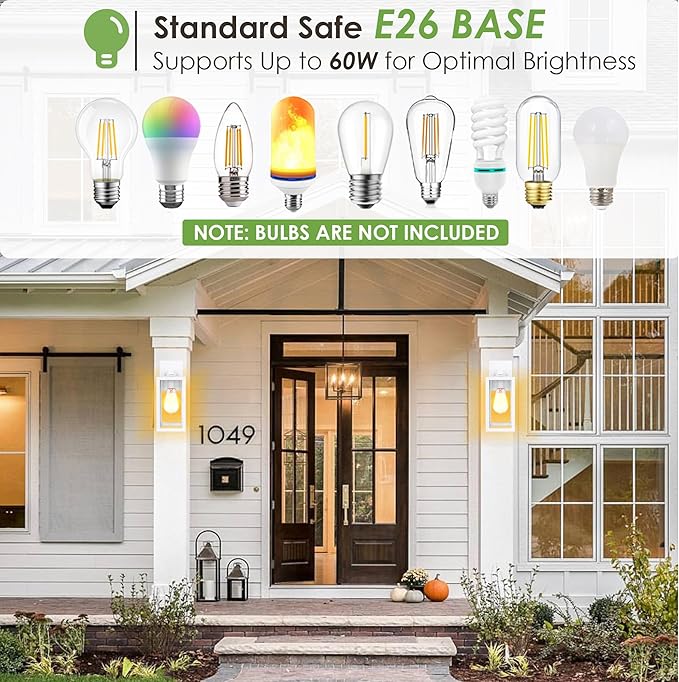 GRUENLICH Waterproof Large Outdoor Wall Lanterns, Modern White Porch Sconces with Clear Glass Shade, E26 Socket Max 60W, IP65 Rated, Metal Frame, for Patio, Front Door, Entryway, 1-Pack
