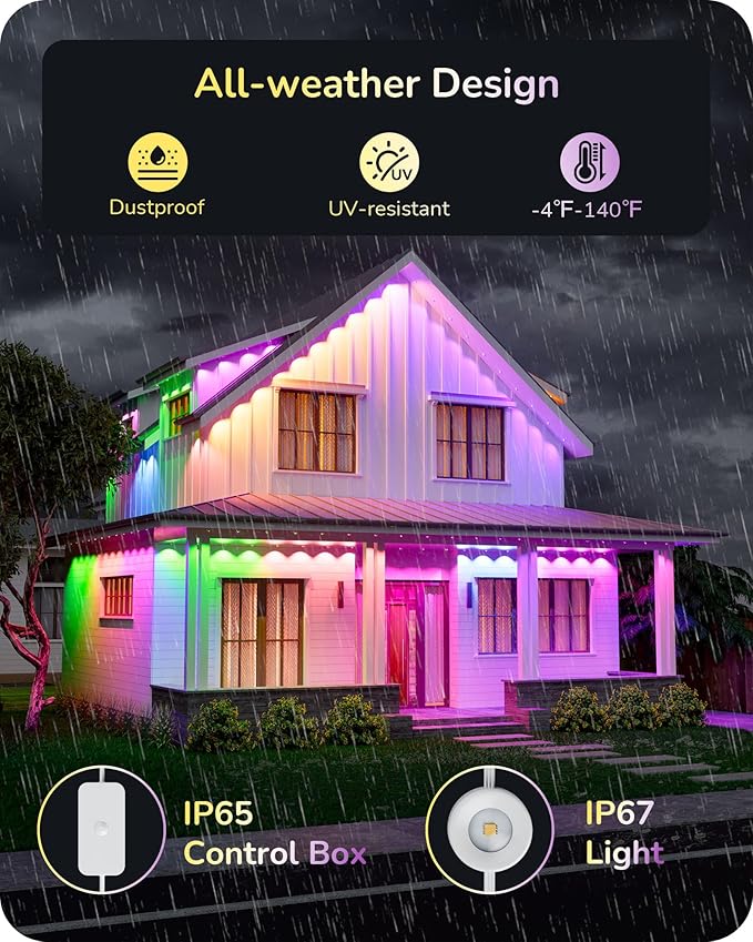 EDISHINE 120ft Permanent Outdoor Christmas Lights, 80 LED RGB+IC+Warm/Cool White Eave Light, App/Remote Control, IP67 Waterproof 50 Scene Modes for House and Daily Decor, Alexa Google Enable