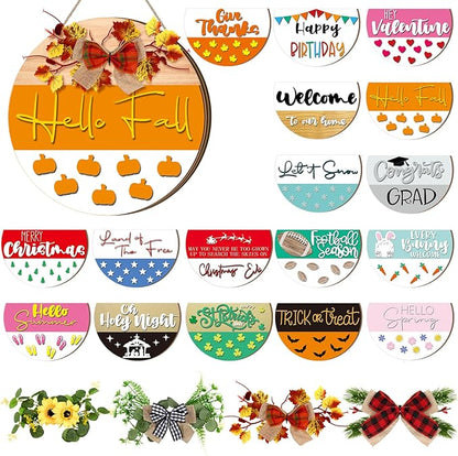 Vicenpal 22 Pcs Interchangeable Welcome Sign for Front Door with 17 Magnetic Icon Wooden Seasonal Front Porch Door Decor with 4 Seasonal Wreaths for Holiday Halloween Christmas Gift (Black,Cute)