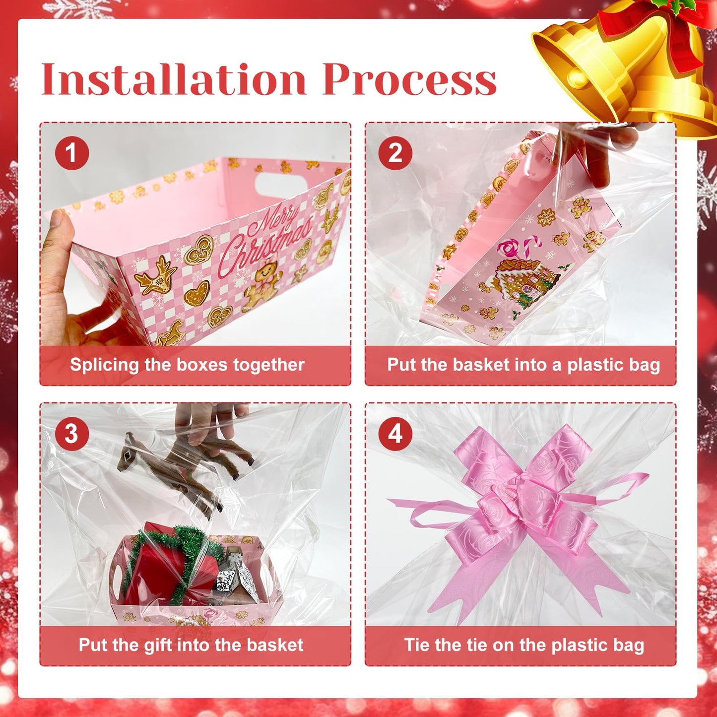 CIEOVO 24 Set Christmas Party Baskets with Cellophane Bows Market Tray Pink Christmas Baskets for Gifts Empty Gingerbread Man Cardboard Bags for Xmas Holiday Party Decor