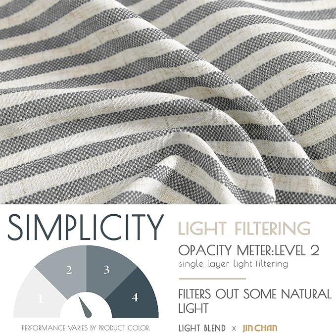 JINCHAN Tab Top Linen Kitchen Curtains 36 Inch Striped Tier Curtains Farmhouse Modern Cafe Style Small Window Treatments Airy Light Filtering Rod Pocket for Living Room Bathroom 2 Panels Charcoal Grey