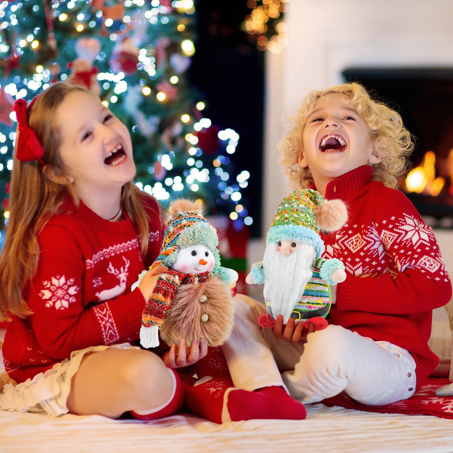 Fruasio Pastel Christmas Gnome and Snowman Set, Handcrafted Scandinavian Tomte Decor with Gradient Fur, Weighted Holiday Tabletop Decorations for Mantel Shelf Tiered Tray Winter Home Decor