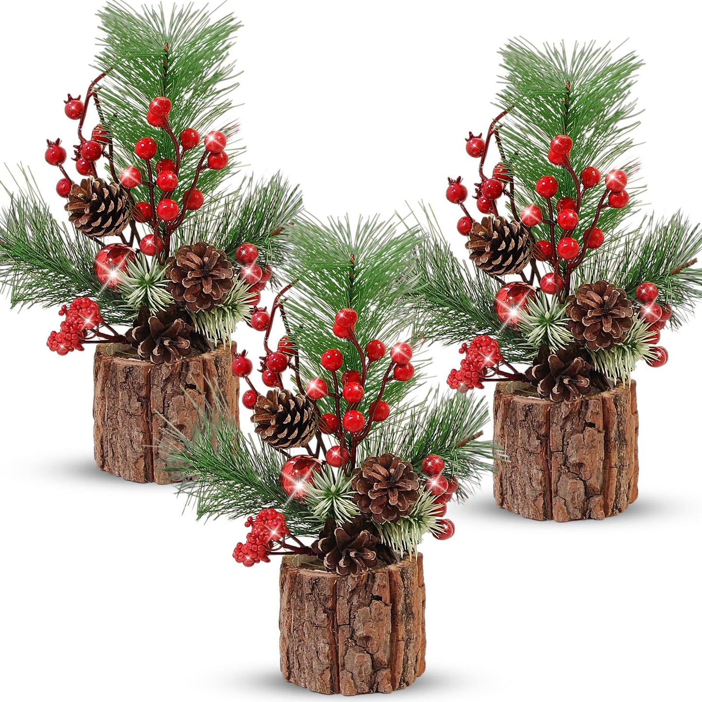 Solsew 3 Pcs 11 Inch Tabletop Christmas Tree Decorations with Christmas Ornaments Pine Cone Berry Bookshelf Decor for Holiday Room Party Winter Home Indoor Outdoor (Classic)