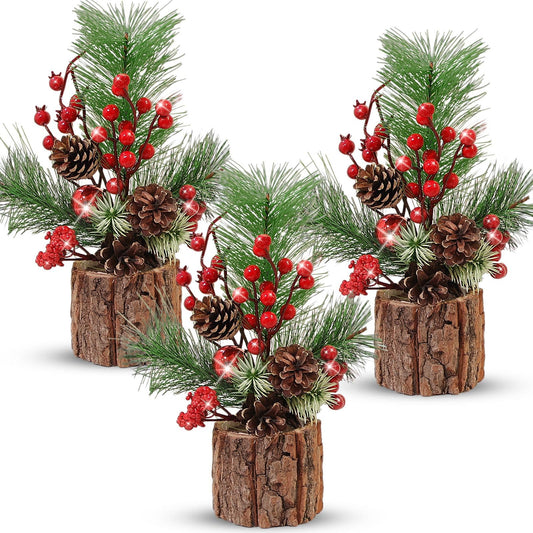 Solsew 3 Pcs 11 Inch Tabletop Christmas Tree Decorations with Christmas Ornaments Pine Cone Berry Bookshelf Decor for Holiday Room Party Winter Home Indoor Outdoor (Classic)