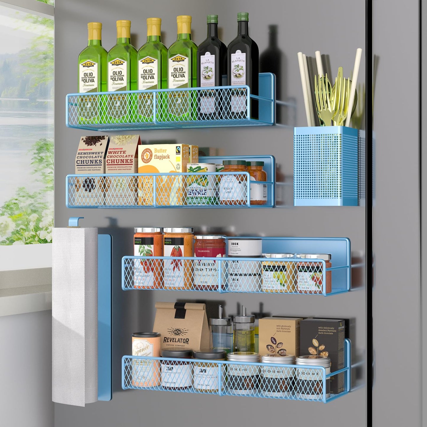 Magnetic Spice Rack for Refrigerator, 6 Pack 100% Metal Strong Magnet Shelf, Space Saving Spice Organizer, Home Kitchen Laundry Room Storage Organization W/ Paper Towel Holder, Utensils Racks (Grey)