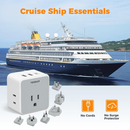 TESSAN All European UK Travel Plug Adapter Kit, 6-in-1 International Power Adapter with 3 USB (1 USB C) and 3 AC Outlets, Supports Type C, G, E/F, I, A, B for US to Europe UK Italy Australia Japan