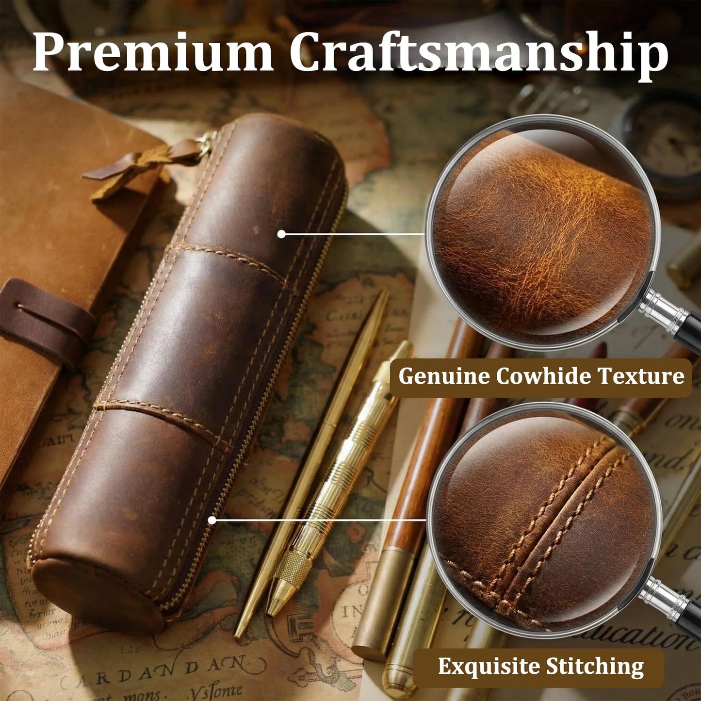 Yeedonzo Leather Pencil Case, Full Grain Zippered Pen Pouch & Multifunctional Organizer, Brown Stationery Bag for Work & Office Supplies