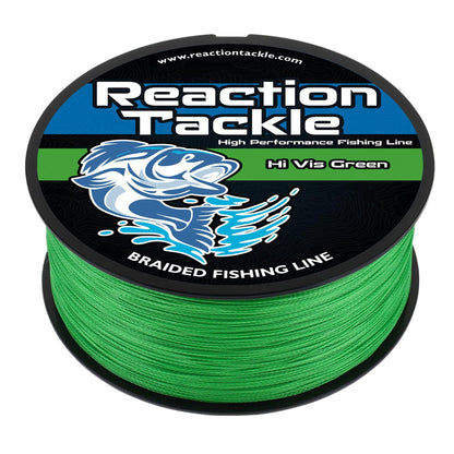 Reaction Tackle Braided Fishing Line - Strong Abrasion-Resistant Smooth Casting Zero Stretch PE Braid Line - Saltwater & Freshwater Fishing - Hi Vis Green (No Fade) 80 Lb (500 Yards)