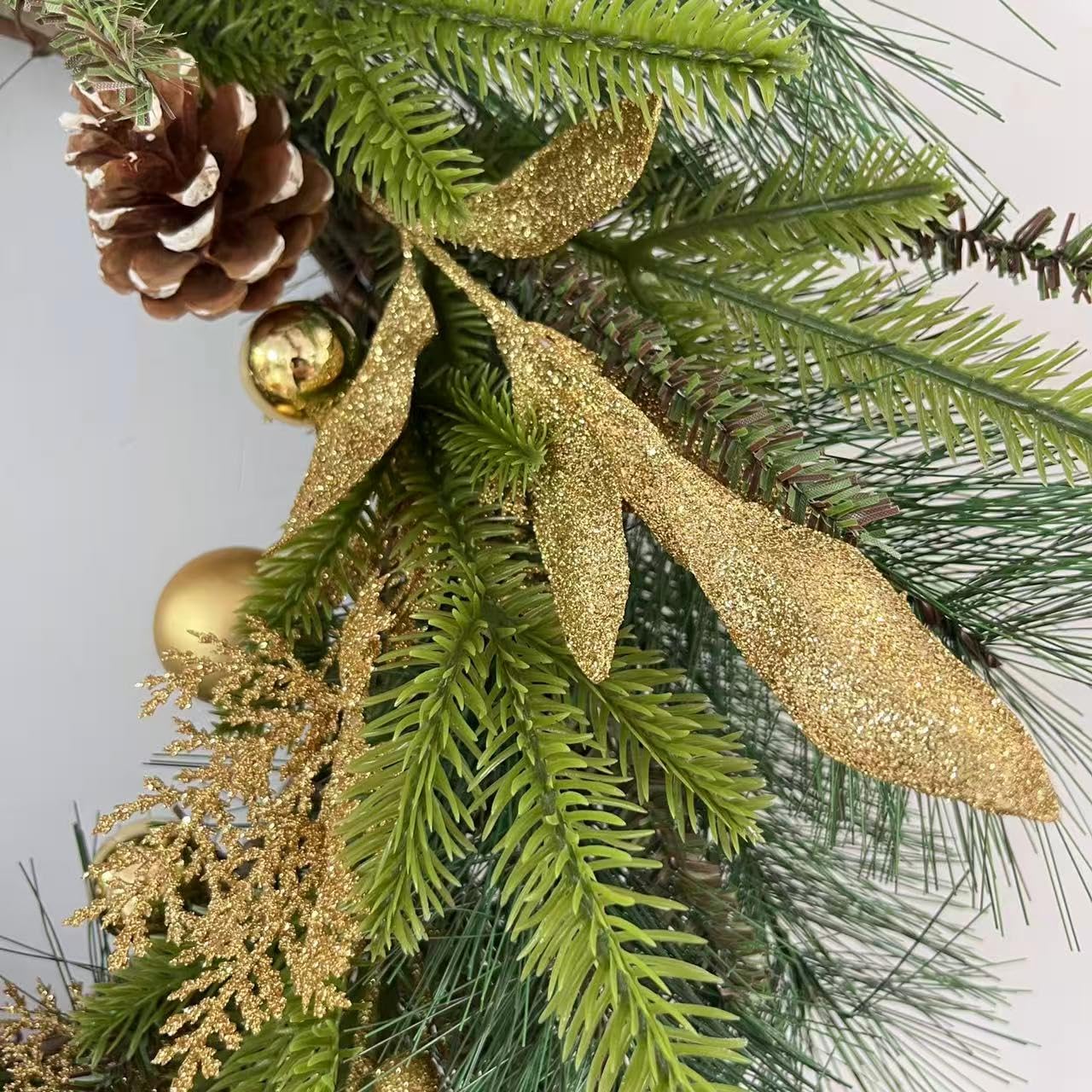 NeoL'artes 26inch Gold Wreath for Porch Front Door Mantle and Fireplace Wrapped Grapevine with Ornaments Snow Pinecones Winter Season Home Decor
