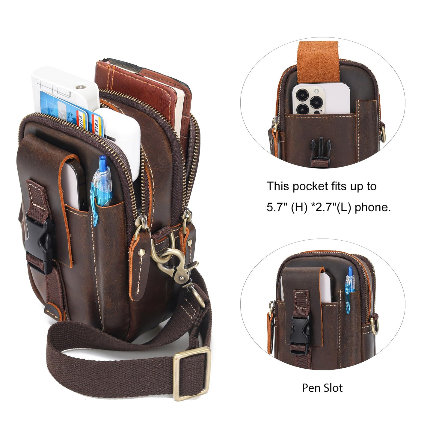 LANNSYNE Small Full Grain Leather Messenger Bag for Men, 3-in-1 Crossbody Shoulder Bag & Waist Belt Pouch, Sling Purse for Travel Business, Vintage Cell Phone Holster
