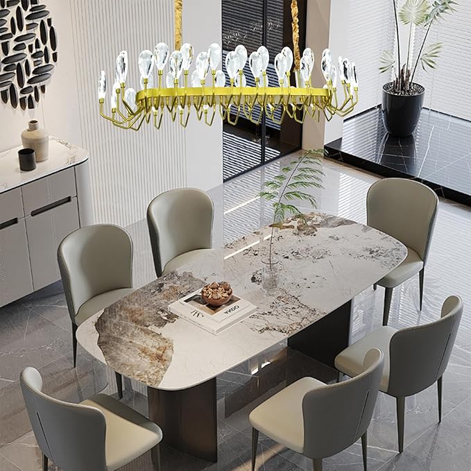 Modern Crystal Chandelier for Dining Room, Luxury Gold Rectangular Crystal LED Chandelier, Farmhouse Adjustable Pendant Ceiling Light for Living Room Kitchen Island L47.25